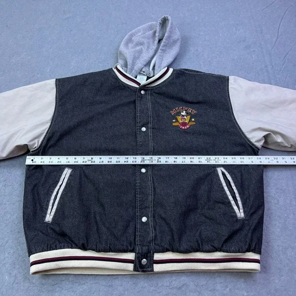 VTG Mickey Mouse True Varsity Jacket XL‎ Black/Tan Disney Bomber 90s Hooded READ - Picture 7 of 16